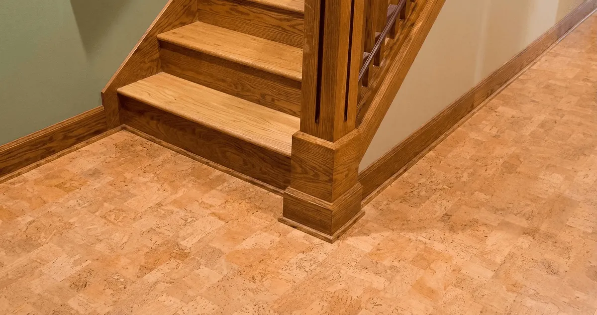 End of a staircase with cork flooring in Long Beach, CA